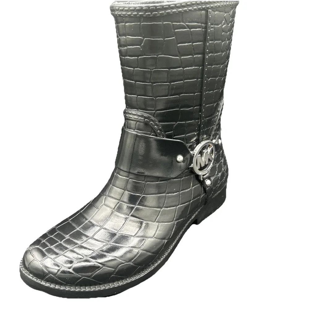 MICHAEL KORS FULTON ICONIC MK LOGO HARNESS BLACK CROCO RAIN BOOTS 6 I LOVE SHOES